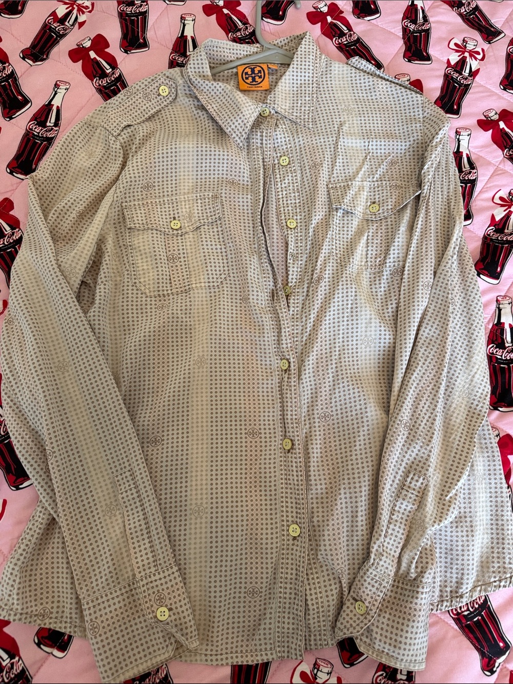 Tory Burch Beige Button-Up Shirt with Subtle Navy Geometric Print